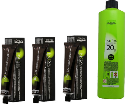 

L'Oreal INOA Ammonia Free Permanent Colour1 black (3 tube) 60mL+ Loreal INOA Oil Developer 1000 mL(Set of 4)