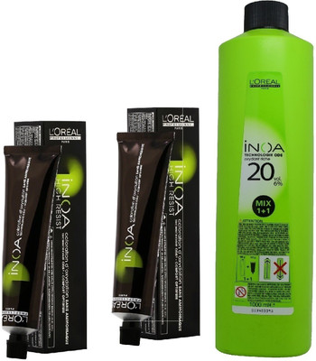 

L'Oreal INOA Ammonia Free Permanent Colour 4.0 brown(2 tube) 60mL+ Loreal INOA Oil Developer 1000 mL(Set of 3)