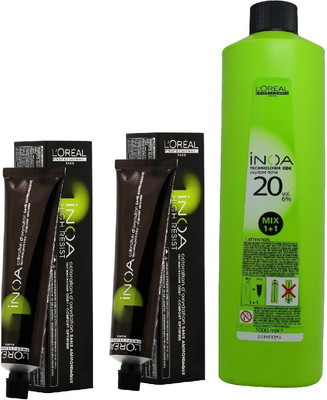 

L'Oreal INOA Ammonia Free Permanent Colour 4 Brown (2 tube) 60mL+ Loreal INOA Oil Developer 1000 mL(Set of 3)