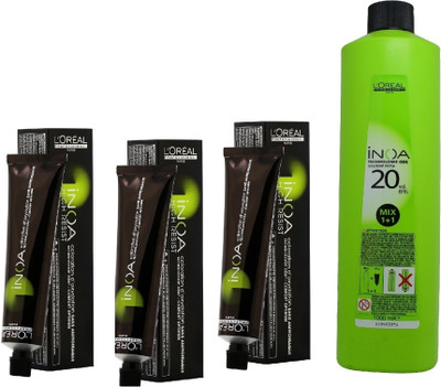 

L'Oreal INOA Ammonia Free Permanent Colour 4.3 Golden Brown(3 tube) 60mL+ Loreal INOA Oil Developer 1000 mL(Set of 4)