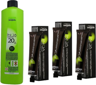 

L'Oreal INOA Ammonia Free Permanent Colour 6,45 Dark Copper Mahogany Blonde(3 tube) 60mL+ Loreal INOA Oil Developer 1000 mL(Set of 4)