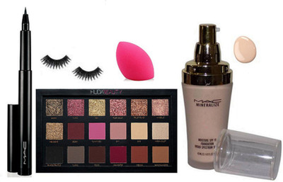

Professional kit Of Eyelashes,Huda Beauty Textured Shadows Palette Rose Gold Edition Eye Shadow Pressed Powder Colours 22 gm,Mac Minerlize Moisture Spf 15 Foundation with Sponge Puff(Set of 4)