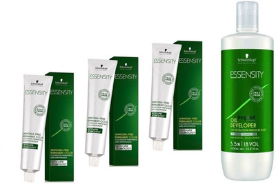 

Schwarzkopf Essensity Ammonia Free 6-55 Dark Blonde Gold Exta 60 mL(3 tube) + Essensity Oil Developer 1000 mL(Set of 4)