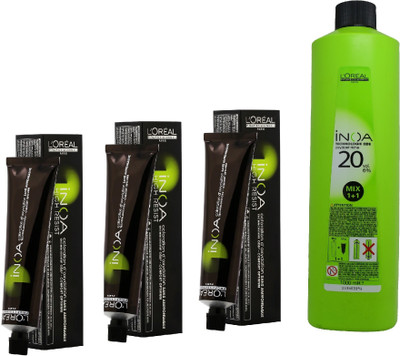 

L'Oreal INOA Ammonia Free Permanent Colour 2 Darkest Brown(3 tube) 60mL+ Loreal INOA Oil Developer 1000 mL(Set of 4)