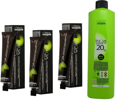

L'Oreal INOA Ammonia Free Permanent Colour 5 Light Brown(3 tube) 60mL+ Loreal INOA Oil Developer 1000 mL(Set of 4)