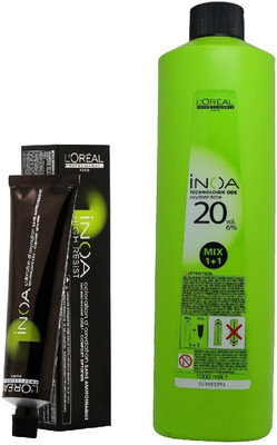 

L'Oreal INOA Ammonia Free Permanent Colour 4 Brown(1tube) 60mL+ Loreal INOA Oil Developer 1000 mL(Set of 2)