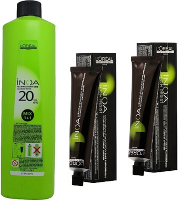 

L'Oreal INOA Ammonia Free Permanent Colour 5,52 Light Mahogany Iridescent Brown (2 tube) 60mL+ Loreal INOA Oil Developer 1000 mL(Set of 3)