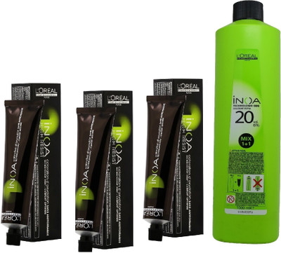 

L'Oreal INOA Ammonia Free Permanent Colour 4.0 brown(3 tube) 60mL+ Loreal INOA Oil Developer 1000 mL(Set of 4)