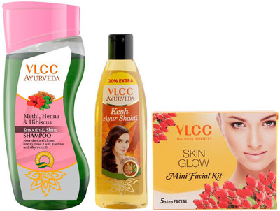 

VLCC Shampoo, Hair Oil, and Mini Facial Kit Combo(Set of 3)