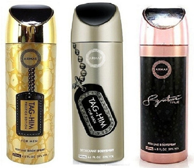 

Armaf Prestige Tag him for men 200ml +Tag him for men 200ml + Signature true for women200ml Deodorant Spray - For Men & Women(600 ml, Pack of 3)