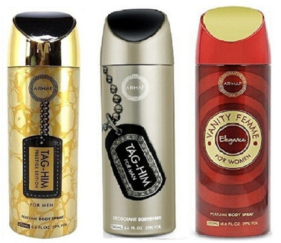 

Armaf Prestige Tag him for men 200ml +Tag him for men 200ml + Vanity for women 200ml Deodorant Spray - For Men & Women(600 ml, Pack of 3)