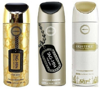

Armaf Prestige Tag him for men 200ml +Tag him for men 200ml + Highstreet for women 200ml Deodorant Spray - For Men & Women(600 ml, Pack of 3)