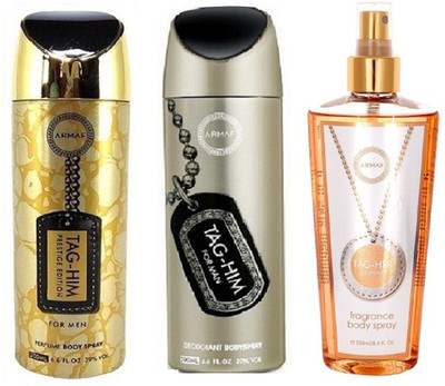 

Armaf Prestige Tag him for men 200ml +Tag him for men 200ml + Tag her for women 250ml Deodorant Spray - For Men & Women(650 ml, Pack of 3)