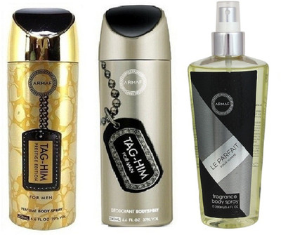 

Armaf Prestige Tag him for men 200ml +Tag him for men 200ml + La parfait for men 250ml Deodorant Spray - For Men(650 ml, Pack of 3)