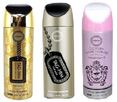 

Armaf Prestige Tag him for men 200ml +Tag him for men 200ml + Derby club house for women 200ml Deodorant Spray - For Men & Women(600 ml, Pack of 3)