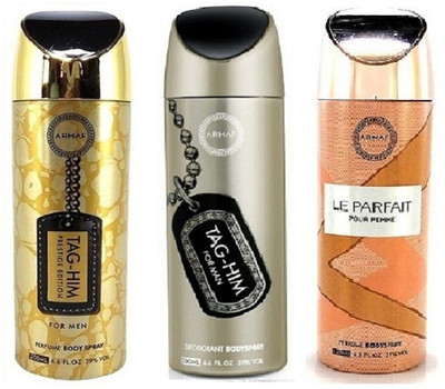 

Armaf Prestige Tag him for men 200ml +Tag him for men 200ml + La parfait for women200ml Deodorant Spray - For Men & Women(600 ml, Pack of 3)