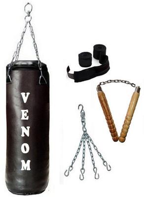 

Venom 6.5 Feet Long, SRF - ECONOMIC Material, Black Color, Unfilled with Hanging Chain with 9 Feet Long Black Color Hand Wraps Pair & Wooden Handle Non Chaku Boxing Kit
