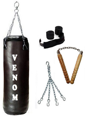 

Venom 7.0 Feet Long, SRF - ECONOMIC Material, Black Color, Unfilled with Hanging Chain with 9 Feet Long Black Color Hand Wraps Pair & Wooden Handle Non Chaku Boxing Kit