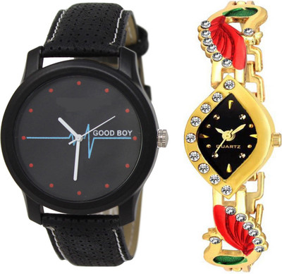 

just like Stylish Black Leather Strap And Kundan Golden Watch Combo For Men And Women Watch - For Couple Watch - For Couple