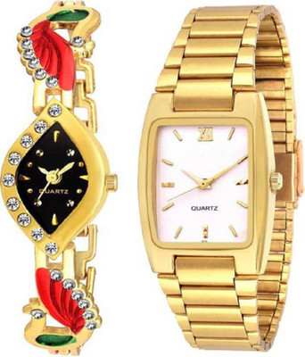 

Rage Enterprise New Designer Gold Strap Black & White Dial Couple Watch - For Men & Women