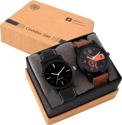 Miss Perfect Leather Brown 001 and Black Leather combo ( Pack 2 )watch for boys Watch - For Boys