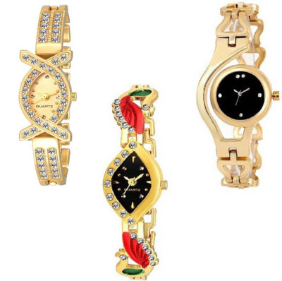 

Rage Enterprise New Designer Gold Strap Black Dial Set Of 3 Women Watch - For Girls