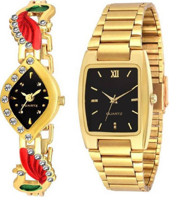 

Montres New Designer Gold Strap Black Dial Couple Watch - For Boys & Girls