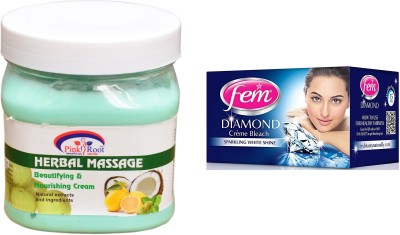 PINKROOT Herbal Massage Cream 500ml, Fem Diamond Bleach(2 Items in the set)