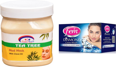 Pink Root Tea Tree Mud Mask 500ml, Fem Diamond Bleach(Set of 2)