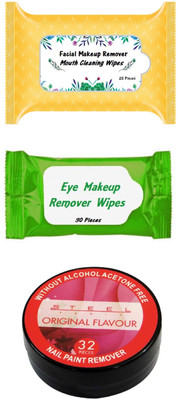 

Out Of Box Combo Of 25 Pieces Facial Makeup Remover Mouth Cleansing Wipes, 30 Pieces Eye Makeup Remover Wipes, 32 Pieces Nailpolish Remover Tissues (Pack Of 87)(Set of 87)