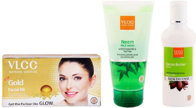 

VLCC Gold Single Facial Kit and Cocoa Butter Body Lotion and Neem Facewash(Set of 3)