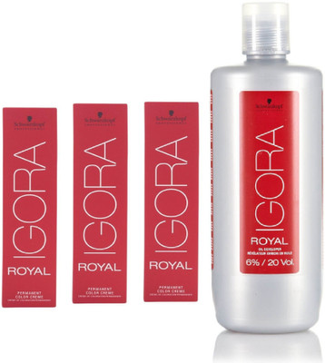 

Schwarzkopf Igora Royal Permanent color crème 7-65 Medium Blonde Chocolate Gold(3 tube) 60mL+ Igora Oil Developer 1000 mL(Set of 4)