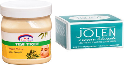 

Pink Root Tea Tree Mud Mask 500ml, JOLEN Creme Bleach(Set of 2)