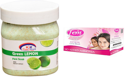 Pink Root Green Lemon Scrub 500ml, Fem Saffron Bleach(Set of 2)
