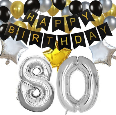

Theme My Party Multicolor Birthday Party Decorations Kit-Black Happy Brithday Banner, Silver Number Balloon - 16 inch, Black, Gold & Silver Latex Balloon - 51 & Two Silver, One Gold Star Foil Balloon (80 Years) - 1 ml