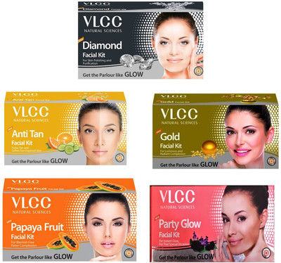 

VLCC Original Papaya, Diamond, Anti-Tan, Gold and Party-Glow Facial Kit 0.3 g(Set of 5)