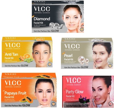 VLCC Original Papaya, Pearl, Diamond, Anti-Tan and Party-Glow Facial Kit(5 x 0.06 g)