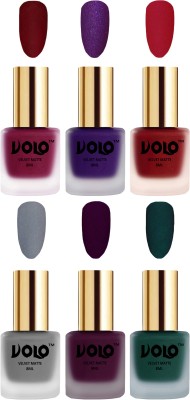 Volo Velvet Dull Matte Posh Shades Party Girl Range Nail Polish Sets Combo-No-41 Light Wine, Metallic Dark Purple, Dark Green, Passion Red, Grey, Carrot Red(Pack of 6)