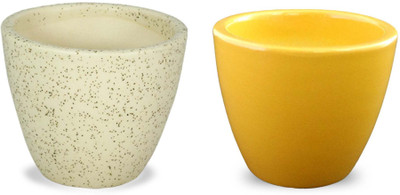 

YELLOWTABLE Combo of Marble Matt and Sunshine Yellow Mini Ceramic Flower Pot Plant Container Set(Pack of 2, Ceramic)