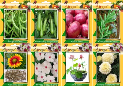 Airex Semphali, Green Long Brinjal, Onion, Cluster Bean, Gaillardia, White Vinca, Lotus and White Marigold Seed (Pack Of 40 seed * 4 Per Pkts of Vegetables) + (Pack Of 40 Seed * 2 Per Pkts Flower + 10 White Marigold + 20 Lotus) Seed + Get 1 Pkts of Flower + 1 Pkts Of vegetables Seed Free Seed(40 per