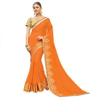 Kvsfab Embroidered Fashion Poly Georgette Saree(Orange)