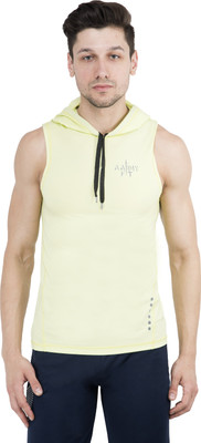 AARMY FIT Solid Men Hooded Yellow T-Shirt