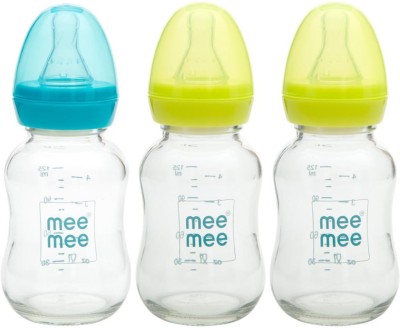 MeeMee Premium Glass Feeding Bottle 1 PCS Blue+2 PCS GREEN 120ml - 120 ml(Silver, Green, Blue)