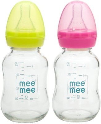 MeeMee Premium Glass Feeding Bottle Green+Pink 120ml - 120 ml(Silver, Green, Pink)