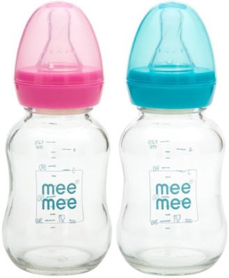 MeeMee Premium Glass Feeding Bottle Blue+Pink 120ml - 120 ml(Blue, Pink)