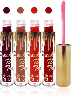 

Seven cosmetics makeup Touch n try velvet matte liquid lipstick enriched with vitamin E fashion color combo set of 4(maroon,l brown,d purple,orange, 20 ml)