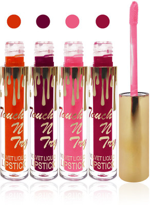 

Seven cosmetics makeup Touch n try velvet matte liquid lipstick enriched with vitamin E fashion color combo set of 4(baby pink,falsa,l orange,d pink, 20 ml)