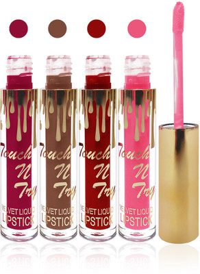 

Seven cosmetics makeup Touch n try velvet matte liquid lipstick enriched with vitamin E fashion color combo set of 4(brown,orange pink,maroon,d pink, 20 ml)