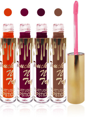 

Seven cosmetics makeup Touch n try velvet matte liquid lipstick enriched with vitamin E fashion color combo set of 4(orange,falsa,d purple,brown, 20 ml)