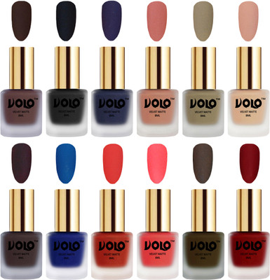 

Volo Velvet Dull Matte Bold Colors Nail Polish Combo in Wholesale Rate Chocolate Brown, Black, Russian Navy Blue, Light Peach, Sand Nude, Nude, Dark Coffee, Blue, Coral, Neon Orange, Olive Brown, Tomato Red(Pack of 12)